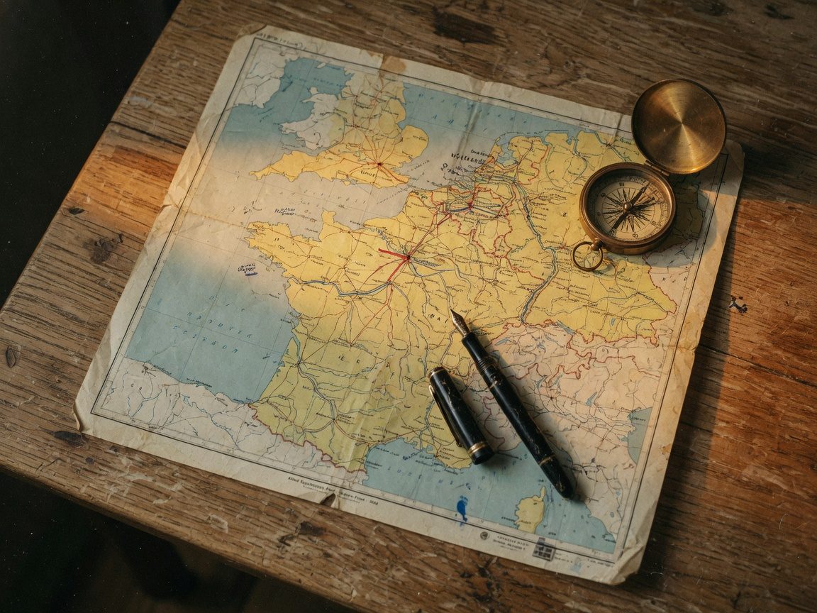 Campaign map, compass, and fountain pen